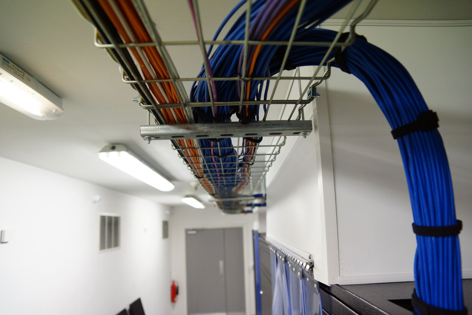 Overhead cable trays carrying network cabling to the racks at Reliance House